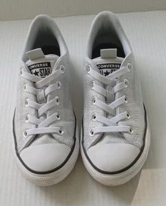 Sz 3 Converse All Star Big Girl's Silver Glitter Low Top Slip On Canvas Sneakers - Picture 1 of 11