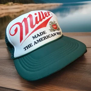 Sombrero de cerveza Miller hecho a la manera americana gorra de camioneros de colección malla de cerveza verde - Imagen 1 de 9