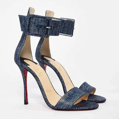 Christian Louboutin Blade Runana Metallic Denim Cuff Stiletto Sandal Heels 38 - Image 1 of 4