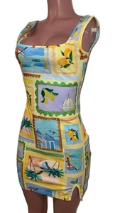 Tropical Palm Trees Lemons Oranges Post Card Vacay S Mini Dress Side Slit Trip - Picture 1 of 3