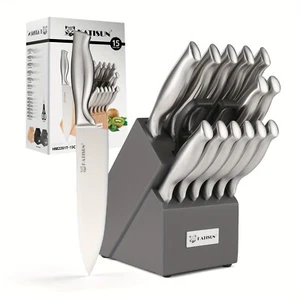 15pcs High Carbon Steel Kitchen Knife Set with Wooden Block and Hollow Handle - Picture 1 of 7