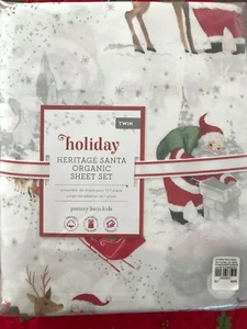 NEW Pottery Barn Kids Heritage Santa ORGANIC ~ Cotton ~ TWIN Sheet Set  LAST ONE - Picture 1 of 7