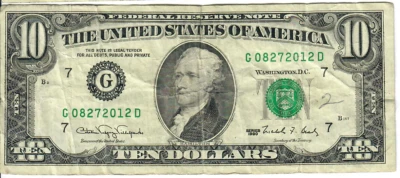 1990 10$ Federal Reserve Note - Green Seal - CVV/NFB G08272012D - #13746 - Image 1 of 2