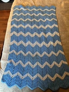 Vintage Handmade Crocheted Ripple Chevron Afghan Throw Blanket Blue/Grey 31”X52” - Picture 1 of 6