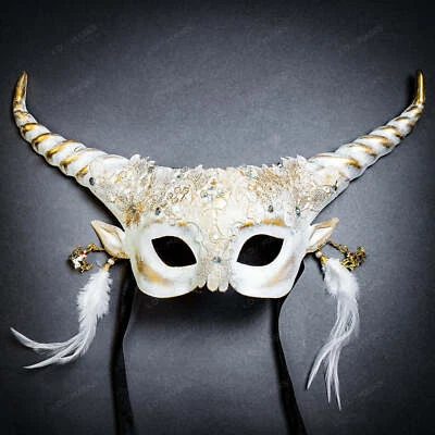 White Krampus Sexy Women Lace with Horns & Earring Halloween Costume Party Mask - Image 1 of 4