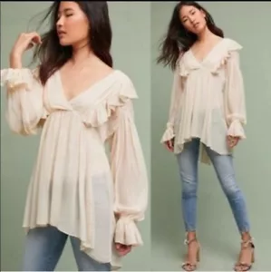 Anthropologie Maeve Wynne Tunic Top Blouse Size 6 Taupe Metallic Silver Lace - Picture 1 of 6