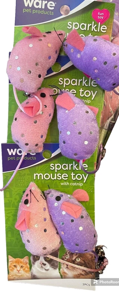 X's 6 Ware Cat Hunting Sparkle Mice W/ Tail Bell Pink & Purple 2" Crazy Critter