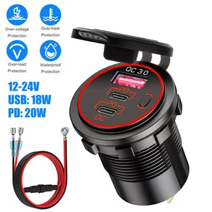 12V/24V USB C Fast Car Charger 3Port PD & QC3.0 Outlet Socket for Boat RV Marine - Photo 1 sur 7