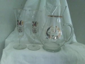 Vintage West Virginia Glass 50th Anniversary Drinking Pitcher and glasses Gold - Picture 1 of 2
