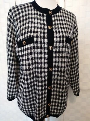 Alfred Dunner Womens Navy Blue Cream Checked Gold Button Cardigan Sz Medium - Image 1 of 4