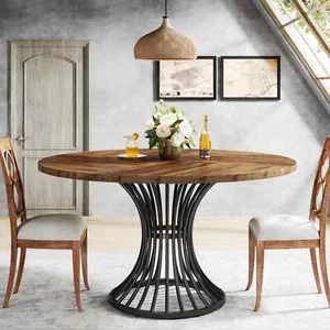 Round Dining Table 4-6 Seater Rustic Wood Kitchen Table With Metal Base - Picture 1 of 15