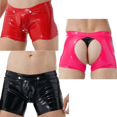 Men's Shorts Wetlook PVC Leather Boxer Briefs Button Crotch Bulge Pouch Panties  - Image 1 of 2