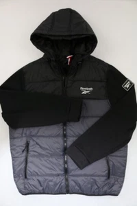 Reebok Mens Hooded Jacket Black Gray XL Multi Media Embroidered Quilted Full Zip - Picture 1 of 15