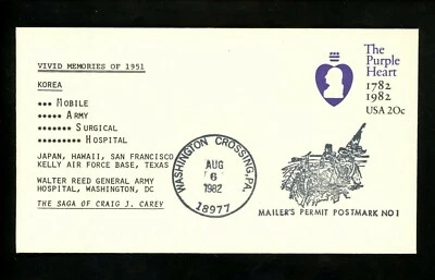 US FDC #U603 Unknown 1982 Crossing PA Purple Heart Military Citation Unofficial - Image 1 of 2