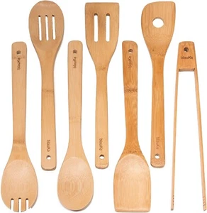 Cooking Set Wooden Utensils Kitchen Spoons Bamboo 7-Pack Nonstick No Wood - Picture 1 of 8