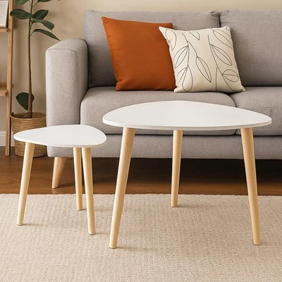 Set Of 2 White Triangle Nesting Side Tables Wood Tea Coffee End Table Furniture - Image 1 of 4