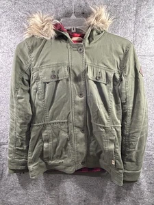 Hollister Green Jacket M Faux Fur Trim Hood Button Up Y2K Cold Weather Coat - Picture 1 of 6