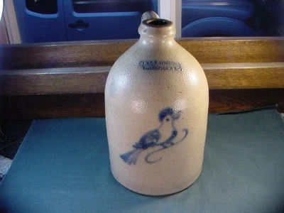 Pre 1900 Underwood Fort Edward N Y Blue Decorated Bird Gray Stoneware Gal Jug - Image 1 of 4