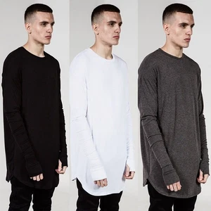 New Men's Street Hip-Hop Extended Loose Casual Long Sleeve T-Shirt with Holes - Picture 1 of 21