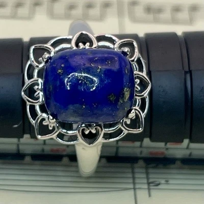 Square Lapis Lazuli Cabochon Sterling Silver Ring with Filigree Hearts Size 5 - Image 1 of 4