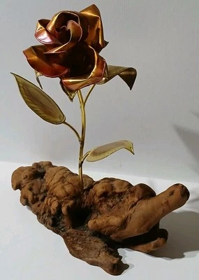 Vtg Handcrafted Metal Rose Sculpture on Burl Wood Base Signed/Dated - Image 1 of 4