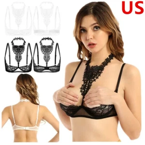 Mujeres Sexy 1/4 Taza Sujetador de Encaje Balconette Halter Push Up Sujetador con Aros Bralette - Imagen 1 de 16