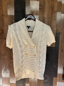 Talbots Elfenbein Baumwolle Zopfmuster Kurzarm Schalkragen Cardigan Pullover Gr. S - Bild 1 von 13