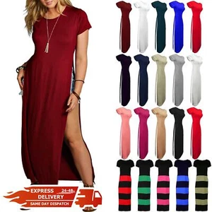 Womens Ladies Cap Sleeve Double Side Slit High Waist Split Long Maxi Dress Top - Picture 1 of 33