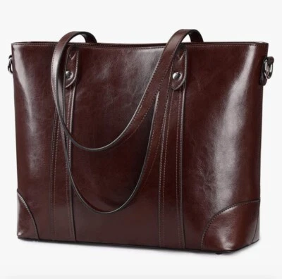 S-ZONE Leather Tote Bag for Women Office Shoulder Handbag 15.6 Inch Wine Red  - Image 1 of 3