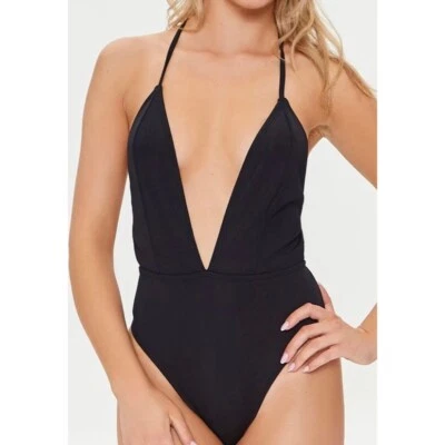 NUEVO Forever 21 Negro Cuello en V Halter Una Pieza Natación XL Sexy Foto 1 de 4