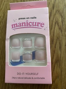 False Toe Nails with Glue Short Square Glitter Rhinestones Pink French Tip - Picture 1 of 1