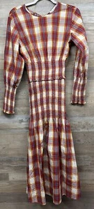 NEW Something Navy sz S Blanche Red Plaid Long Sleeve Smocked Cotton Midi Dress - Picture 1 of 10