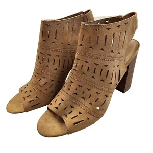 High Block Sandals Women's 9.5 Suede Cutout Ankle Booties Cognac Peep Toe Shoes - Picture 1 of 11