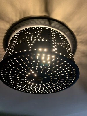 PIERCED TIN- RUSTIC STYLE - CEILING LIGHT SHADE -BLACK  Two available  $20 each. - Image 1 of 3