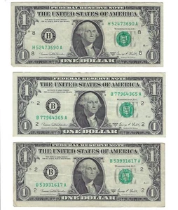 Tres billetes 1969 D de la Reserva Federal usados $1 papel moneda de EE. UU. circulado 3 monedas - Imagen 1 de 2