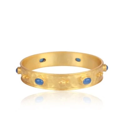 Brazalete Redondo con Piedras Preciosas Chapado en Oro Textura Banda Azul Calcedonia Latón Brazalete Foto 1 de 4