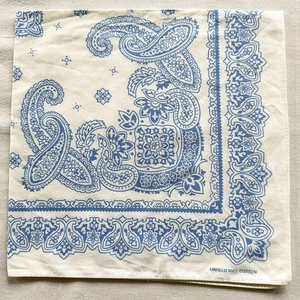 Vintage Bandana Beige Blue Cotton Blue Paisley Floral Pattern Handkerchief 22" - Picture 1 of 3