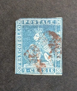 Italian States Tuscany Toscana 1851 2 Crazie Blue Used Red Postmark - Picture 1 of 2