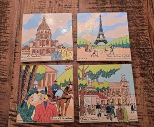 1940s Vintage Paris France Decorative Tiles By Artist Kermorver Set Of 4 - 3.5" - Picture 1 of 6