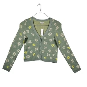American Eagle Cardigan Women Medium Green Floral Cropped Button Knit Cottage - Picture 1 of 7