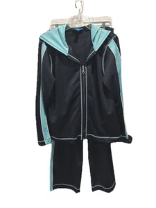 Karen Scott Sport Large Black And Blue 2 Pc Track Suit Althleisure Full Zip Hood - Picture 1 of 5