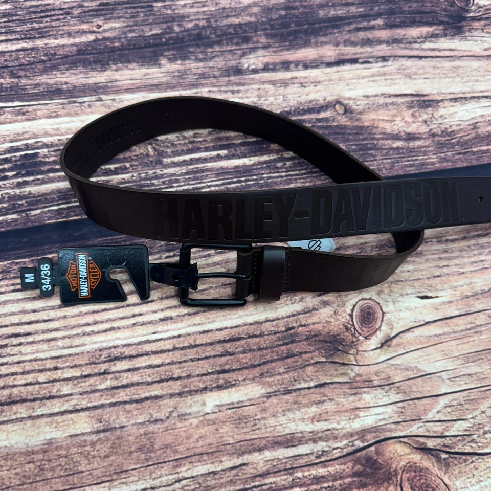 Harley-Davidson BMM042 Men's Sz M (34/36) Dark Brown Genuine Leather Logo Belt