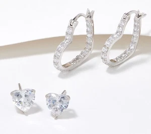 Diamonique Heart Stud and Hoop Earrings Set of 2 Boxed, Sterling Silver - Picture 1 of 1