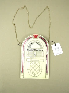 Rara borsa jukebox Charlotte Olympia ricamata color crema con catena oro NUOVA - Foto 1 di 10