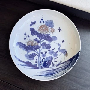 19th Century Chinese Porcelain Low Bowl red and blue glaze crane peonies - Picture 1 of 6