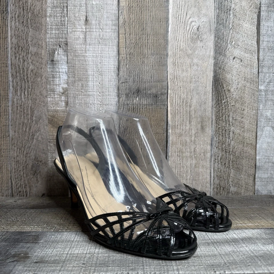 Womens Kate Spade Black Patent Leather Italy Peep Toe Slingback Heels Size 8 B - Image 1 of 4