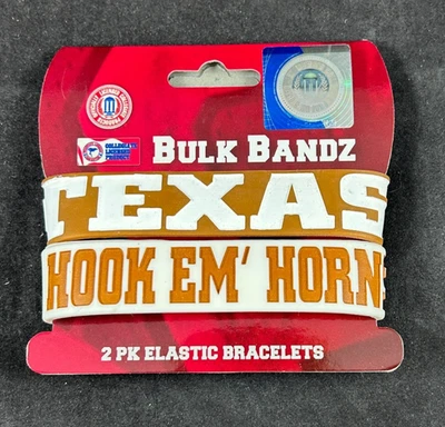 NCAA UNIVERSITY OF TEXAS HOOK EM' HORNS 2 PACK BULK BANDZ ELASTIC BRACELETS FOCO - Image 1 of 2