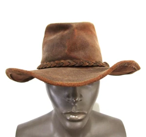 Cappello uomo Minnetonka The Outback pelle marrone tesa larga fascia intrecciata boonie taglia M - Foto 1 di 7
