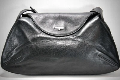 A. TESTONI Black Calfskin Leather Shoulder Bag Hand Bag Adjustable Strap Italy - Image 1 of 4