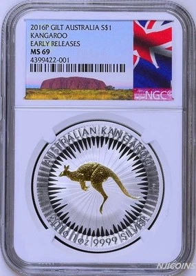 2016 P Australia GILDED Silver Kangaroo NGC MS 69 1 oz Coin w/OGP gilt NEW LABEL - Image 1 of 3